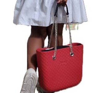 Obag Tote, Red, black & white stripe closure. Chain faux  leather handle